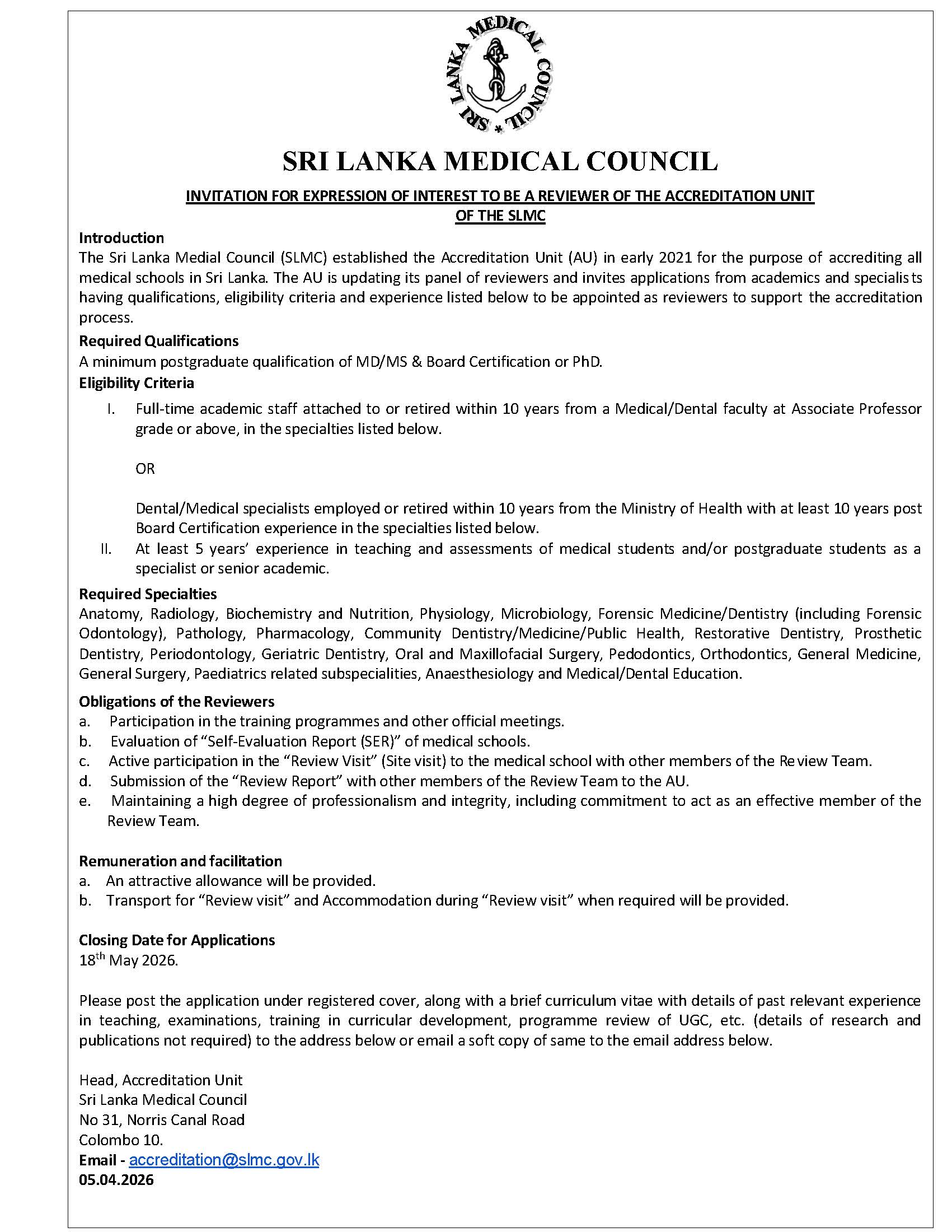 Invitation For Expression of Interest To Be A Reviewer Of The Accreditation Unit Of The SLMC – Dental