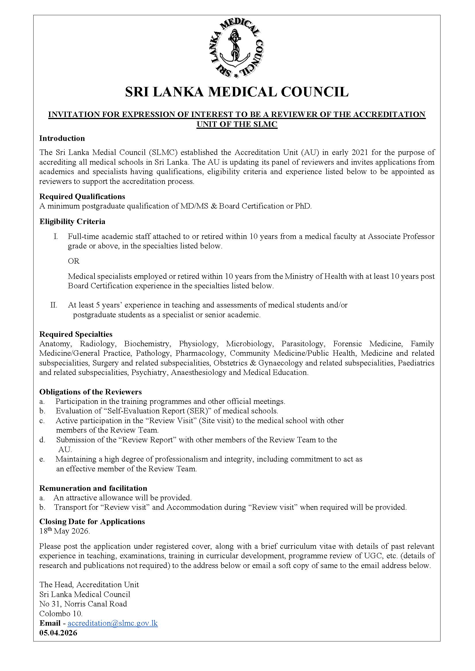 Invitation for Expressions of Interest to Serve as a Reviewer for the Accreditation Unit of the SLMC – Medical